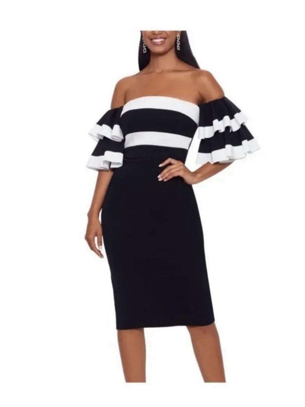 Chiara Boni Black & White Off-Shoulder Ruffle Sheath Dress